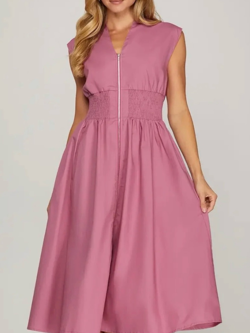 ZIP FRONT MIDI DRESS W/SMOCKED WAIST